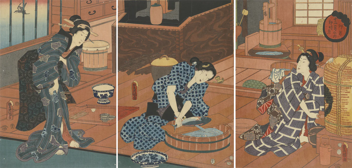 Utagawa Kunisada, De vierde maand: De eerste koekoek, uit de triptiekenserie De twaalf maanden, 1884
